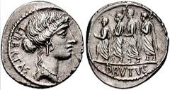 M. Junius Brutus. 54 BC. AR Denarius (3.86 gm). Estimate $300 M. Junius Brutus. 54 BC. AR Denarius (3.86 gm). Bust of Liberty right / The consul L. Junius Brutus walking left between two lictors prece