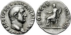 VITELLIUS. 69 AD. AR Denarius (3.32 gm). Estimate $750 VITELLIUS. 69 AD. AR Denarius (3.32 gm). Bare head right / Concordia seated left, holding patera and cornucopiae. RIC I 73 var. (laureate); RSC 2