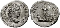 CARACALLA. 198-217 AD. AR Denarius (3.22 gm). Struck 207 AD. Estimate $200 CARACALLA. 198-217 AD. AR Denarius (3.22 gm). Struck 207 AD. Laureate head right / Emperor standing facing, head right, holdi