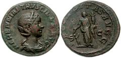 HERENNIA ETRUSCILLA, wife of Trajan Decius. Æ As (11.21 gm). Estimate $300 HERENNIA ETRUSCILLA, wife of Trajan Decius. Æ As (11.21 gm). Diademed and draped bust right / Fecunditas standing left, holdi