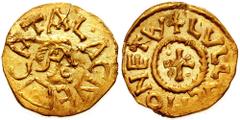FRANCE. Merovingians. Circa 600-675 AD. AV Tremissis (1.23 gm). Estimate $1000 FRANCE. Merovingians. Circa 600-675 AD. AV Tremissis (1.23 gm). Châlons-sur-Marne mint; Lullus, moneyer. Draped bust righ
