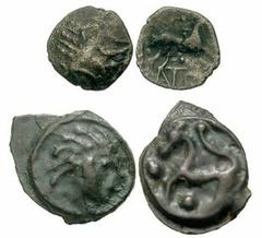 CELTIC. Continental and British. 1st Century BC-1st Century AD. Lot of two AR and Potin. CELTIC. Gaul. Senones or Tricasses. Circa 1st Century BC. Potin 17mm (4.66 gm). Head right with wild hair / Hor