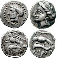 PAPHLAGONIA, Sinope. Circa 3rd century BC. Lot of two contemporary imitation AR Drachms. Includes the following: AR Drachm (18mm, 4.70 gm). Head of nymph left / Eagle on dolphin left, ΣIMΩ below // An