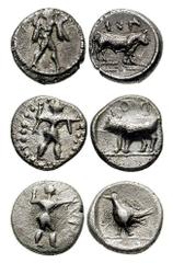 GREEK. Italy. Lot of three AR Fractions. Includes the following: LUCANIA, Sybaris. Circa 453-448 BC. AR Triobol (11mm, 1.14 gm). Poseidon walking right, wielding trident; V M to right / Bird standing 