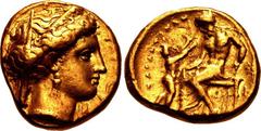 CALABRIA, Tarentum. Circa 320 BC. AV Stater (15mm, 8.51 g, 10h). Head of Persephone right, wearing a stephanos ornamented with palmettes, a slight veil, and triple-pendant earring; [E to left]; to rig