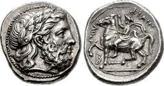 KINGS of MACEDON. Philip II. 359-336 BC. AR Tetradrachm (22mm, 14.48 g, 6h). Amphipolis mint. Struck circa 355-349/8 BC. Head of Zeus right, wearing laurel wreath / ΦIΛIΠΠOY, Philip, wearing kausia, c