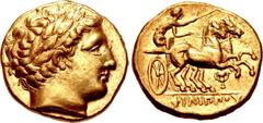 KINGS of MACEDON. temp. Philip II – Alexander III. Circa 340/36-328 BC. AV Stater (18mm, 8.60 g, 5h). In the name and types of Philip II. Pella mint. Laureate head of Apollo right / Charioteer, holdin