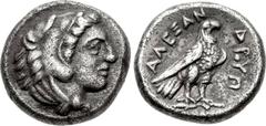 KINGS of MACEDON. Alexander III ‘the Great’. 336-323 BC. AR Hemidrachm (11mm, 2.08 g, 2h). Amphipolis mint. Struck under Antipater, circa 325-323/2 BC. Head of Herakles right, wearing lion skin / Eagl