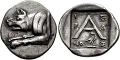 ARGOLIS, Argos. Circa 90-40 BC. AR Triobol – Hemidrachm (14.5mm, 2.05 g, 8h). Hieron, magistrate. Forepart of wolf at bay to left / Large A; I-E/P-Ω/NO-Σ in three lines across field; below, eagle stan