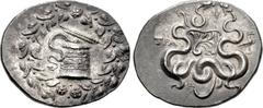 LYDIA, Tralleis. Circa 166-67 BC. AR Tetradrachm (30mm, 12.70 g, 1h). Cistophoric type. Cista mystica with serpent; all within ivy wreath / Two serpents entwined around bow and bowcase; upright thunde