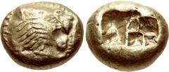 KINGS of LYDIA. temp. Ardys – Alyattes. Circa 630s-564/53 BC. EL Trite – Third Stater (12mm, 4.73 g). Sardes mint. Head of roaring lion right, sun with no rays on forehead; radiate lines in margin / T