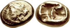 KINGS of LYDIA. temp. Ardys – Alyattes. Circa 630s-564/53 BC. EL Hekte – Sixth Stater (10mm, 2.34 g). Sardes mint. Head of roaring lion right, sun with four rays on forehead / Two incuse squares. Weid