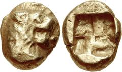KINGS of LYDIA. temp. Ardys – Alyattes. Circa 630s-564/53 BC. EL Hemihekte – Twelfth Stater (8mm, 1.29 g). Sardes mint. Head of lion right, sun on forehead / Incuse square punch. Weidauer Group XV, 79