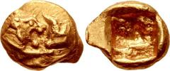 KINGS of LYDIA. Kroisos. Circa 564/53-550/39 BC. AV Twenty-fourth Stater (6mm, 0.33 g). Light standard. Sardes mint. Confronted foreparts of lion right and bull left / Incuse square. Berk 15; Traité –