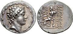 SELEUKID KINGS of SYRIA. Demetrios II Nikator. Second reign, 129-125 BC. AR Tetradrachm (31mm, 16.37 g, 12h). Tarsos mint, “Royal workshop”. Diademed and horned head right / Zeus Nikephoros seated lef