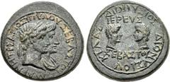 LYDIA, Magnesia ad Sipylum. Augustus, with Livia, Caius, and Lucius. 27 BC-AD 14. Æ (21mm, 6.14 g, 12h). Dionysios son of Kilias, priest of Augustus. Laureate head of Augustus and draped bust of Livia