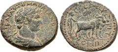 JUDAEA, Aelia Capitolina (Jerusalem). Hadrian. AD 117-138. Æ (24mm, 9.26 g, 12h). Laureate, draped, and cuirassed bust right / Hadrian, as pontiff, with yoke of oxen right, plowing pomerium; vexillum 