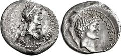 The Triumvirs. Mark Antony and Cleopatra. Autumn 34 BC. AR Denarius (20mm, 3.55 g, 6h). Alexandria(?) mint. [ANTONI •] ARMENIA • DEVICT[A], bare head of Mark Antony right; Armenian tiara to left / CLE