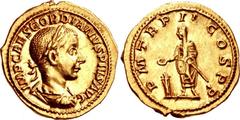 Gordian III. AD 238-244. AV Aureus (20mm, 5.05 g, 6h). Rome mint, 6th officina. 4th emission, mid AD 239. IMP CAES GORDIANVS PIVS AVG, laureate, draped, and cuirassed bust right / P M TR P II COS P P,