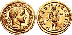 Gordian III. AD 238-244. AV Aureus (21mm, 4.98 g, 12h). Rome mint, 5th officina. 9th emission, AD 241. IMP GORDIANVS PIVS FEL AVG, laureate, draped, and cuirassed bust right / P M TR P IIII COS II P P