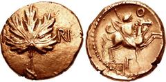 CELTIC, Atrebates & Regni. Verica. Circa AD 10-40. AV Stater (18mm, 5.29 g, 10h). Vine leaf (Atrebatic K) type. Southern mint. Vine leaf; [V]I RI across field / Warrior, with spear and shield on back,