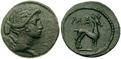 LYCIA, Lycian League. Masikytes. Time of Augustus. 27 BC-14 AD. Æ 20mm (3.82 gm). Head of Artemis right, quiver over shoulder / Stag standing right. Troxell 192; RPC I 3319. VF, dark green patina.
