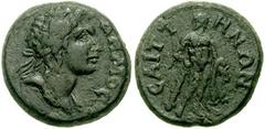 LYDIA, Saitta. Imperial Period. Circa 2nd-3rd Century AD. Æ 19mm (5.23 gm). Laureate head of Demos right, slight drapery on left shoulder / Herakles standing facing, head left, leaning on club and hol