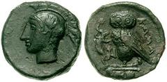 SICILY, Kamarina. Circa 420-405 BC. Æ 13mm [Tetra or Triante] (2.94 gm). Helmeted head of Athena left / Owl standing left, head facing, holding lizard; three pellets below. Westermark/Jenkins 200; Cal