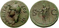 AGRIPPA. Died 12 BC. Æ As (29mm, 11.09 gm). Struck under Caligula, 37-41 AD. Head of Agrippa left, wearing rostral crown / Neptune standing left, holding small dolphin and trident. RIC I 58 (Gaius); C