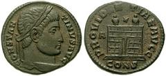 CONSTANTINE I. 307-337 AD. Æ Follis (19mm, 3.18 gm). Constantinople mint. Struck 326-327 AD. Laureate head right, seen from behind / Two-towered camp gate on raised base; A/CONS. RIC VII 7 and note; L