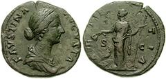 FAUSTINA JR, wife of Marcus Aurelius. Æ Sestertius (30mm, 21.54 gm). Struck 161-176 AD. Diademed and draped bust right / Laetitia standing left, holding patera and sceptre. RIC III 1653 (Marcus Aureli