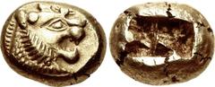 KINGS of LYDIA. temp. Alyattes – Kroisos. Circa 620/10-550/39 BC. EL Trite – Third Stater (12mm, 4.71 g). Sardes mint. Head of roaring lion right, sun with multiple rays on forehead / Two incuse squar
