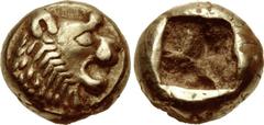 KINGS of LYDIA. temp. Alyattes – Kroisos. Circa 620/10-550/39 BC. EL Hemihekte – Twelfth Stater (8mm, 1.17 g). Sardes mint. Head of roaring lion right, sun with no rays on forehead / Incuse square. We