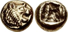 KINGS of LYDIA. temp. Alyattes – Kroisos. Circa 620/10-550/39 BC. EL Myshemihekte – Twenty-fourth Stater (8mm, 0.80 g). Head of roaring lion right, sun with no rays on forehead / Incuse square. Weidau
