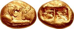 KINGS of LYDIA. Kroisos. Circa 564/53-550/39 BC. AV Stater (17mm, 10.73 g). Heavy series. Sardes mint. Confronted foreparts of lion and bull / Two incuse squares. Berk 2; Traité I 396; Sunrise 5 (this