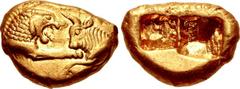 KINGS of LYDIA. temp. Cyrus – Darios I. Circa 550/39-520 BC. AV Stater (17mm, 8.05 g). Sardes mint. Confronted foreparts of lion and bull / Two incuse squares. Berk 4; Meadows, Administration 316; Tra