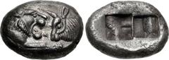 KINGS of LYDIA. temp. Cyrus – Darios I. Circa 550/39-520 BC. AR Half Stater – Siglos (16mm, 5.27 g). Sardes mint. Confronted foreparts of lion and bull / Two incuse squares. Berk –; Meadows, Administr