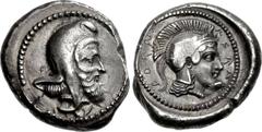 DYNASTS of LYCIA. Ddenewele. Circa 420/10-400 BC. AR Stater (20mm, 8.51 g, 12h). Xanthos mint(?). Bearded head right, wearing kyrbasia / Head of Athena right, wearing crested Attic helmet decorated wi