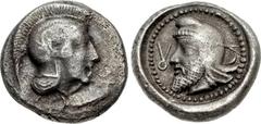 DYNASTS of LYCIA. Kherei. Circa 410-390 BC. AR Quarter Stater – Hemidrachm (12mm, 2.01 g, 10h). Uncertain mint. Head of Athena right, wearing crested Attic helmet / Bearded head left, wearing kyrbasia