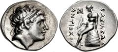 SELEUKID KINGS of SYRIA. Antiochos II Theos. 261-246 BC. AR Drachm (20mm, 4.28 g, 12h). Alinda or Mylasa mint. Diademed head of Antiochos I right, with rejuvenated features / BAΣIΛEΩΣ ANTIOXOY, Apollo