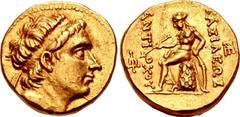 SELEUKID KINGS of SYRIA. Antiochos III ‘the Great’. 222-187 BC. AV Stater (17mm, 8.54 g, 1h). Seleukeia on the Tigris mint. Struck circa 211-209/8 BC. Diademed head right / BAΣIΛEΩΣ ANTI-OXOY, Apollo 