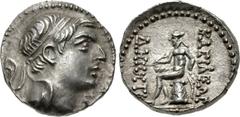 SELEUKID KINGS of SYRIA. Demetrios I Soter. 162-150 BC. AR Drachm (16mm, 4.02 g, 10h). Ekbatana mint. Series 2. Diademed head right / BAΣIΛEΩΣ ΔHMHT[PIOY ΣΩTHPOΣ], Apollo Delphios seated left on ompha