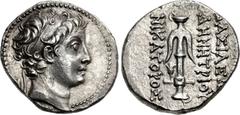 SELEUKID KINGS of SYRIA. Demetrios II Nikator. First reign, 146-138 BC. AR Drachm (17mm, 4.10 g, 12h). Seleukeia in Pieria mint. Diademed head right / BAΣIΛEΩ[Σ] ΔHMHTPIOY NIKATOPOΣ, anchor; lotus flo