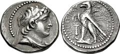 SELEUKID KINGS of SYRIA. Demetrios II Nikator. Second reign, 129-125 BC. AR Drachm (16mm, 3.47 g, 1h). Tyre mint. Dated SE 187 (126/5 BC). Diademed and draped bust right / BAΣIΛEΩΣ ΔHMHTPIOY, eagle st