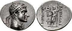 BAKTRIA, Greco-Baktrian Kingdom. Agathokles Dikaios. Circa 185-175 BC. AR Drachm (17mm, 4.17 g, 12h). Diademed and draped bust right / BAΣIΛEΩΣ ΑΓΑΘΟΚΛΕOYΣ, Zeus standing facing, holding figure of Hek