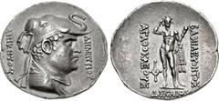 BAKTRIA, Greco-Baktrian Kingdom. Agathokles Dikaios. Circa 185-175 BC. AR Tetradrachm (32mm, 16.61 g, 12h). Commemorative issue struck for Demetrios I. ΔHMHTPIOY ANIKHTOY, diademed and draped bust rig
