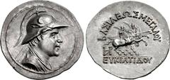 BAKTRIA, Greco-Baktrian Kingdom. Eukratides I Megas. Circa 170-145 BC. AR Tetradrachm (36mm, 16.95 g, 12h). Diademed and draped bust right, wearing helmet adorned with bull's horn and ear / BAΣIΛEΩΣ M