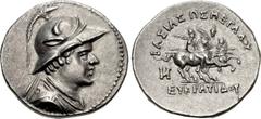 BAKTRIA, Greco-Baktrian Kingdom. Eukratides I Megas. Circa 170-145 BC. AR Drachm (19mm, 4.19 g, 12h). Diademed and draped bust right, wearing helmet adorned with bull's horn and ear / BAΣIΛEΩΣ MEΓAΛOY