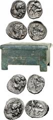 CALABRIA, Tarentum. Circa 280-228 BC. Lot of four (4) AR diobols. All coins: Head of Athena right, wearing crested Attic helmet / Herakles standing, strangling the Nemean lion with both arms. HN Italy
