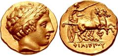 KINGS of MACEDON. temp. Philip II – Alexander III. Circa 340/36-328 BC. AV Stater (18mm, 8.60 g, 2h). In the name and types of Philip II. Pella mint. Head of Apollo right, wearing laurel wreath / ΦIΛI